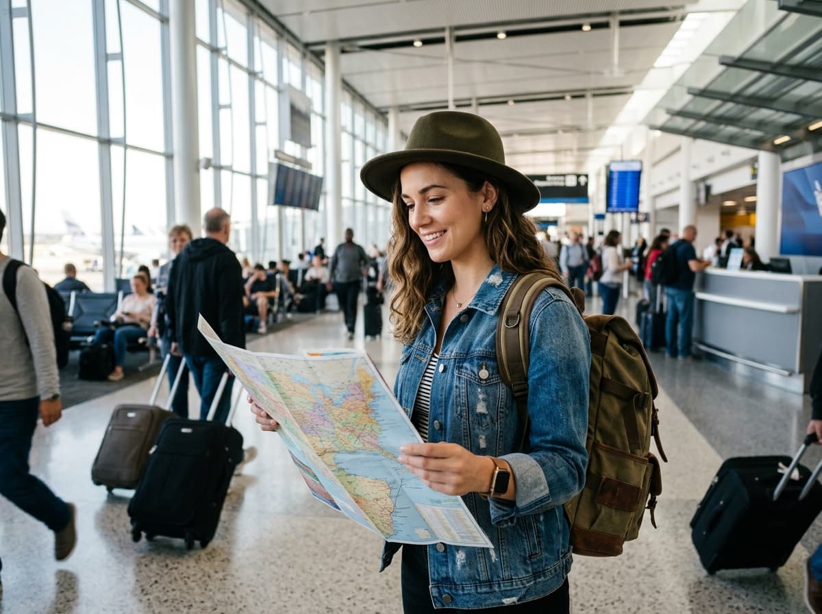 Confident traveler with backpack and hat navigating safely in a transit concourse