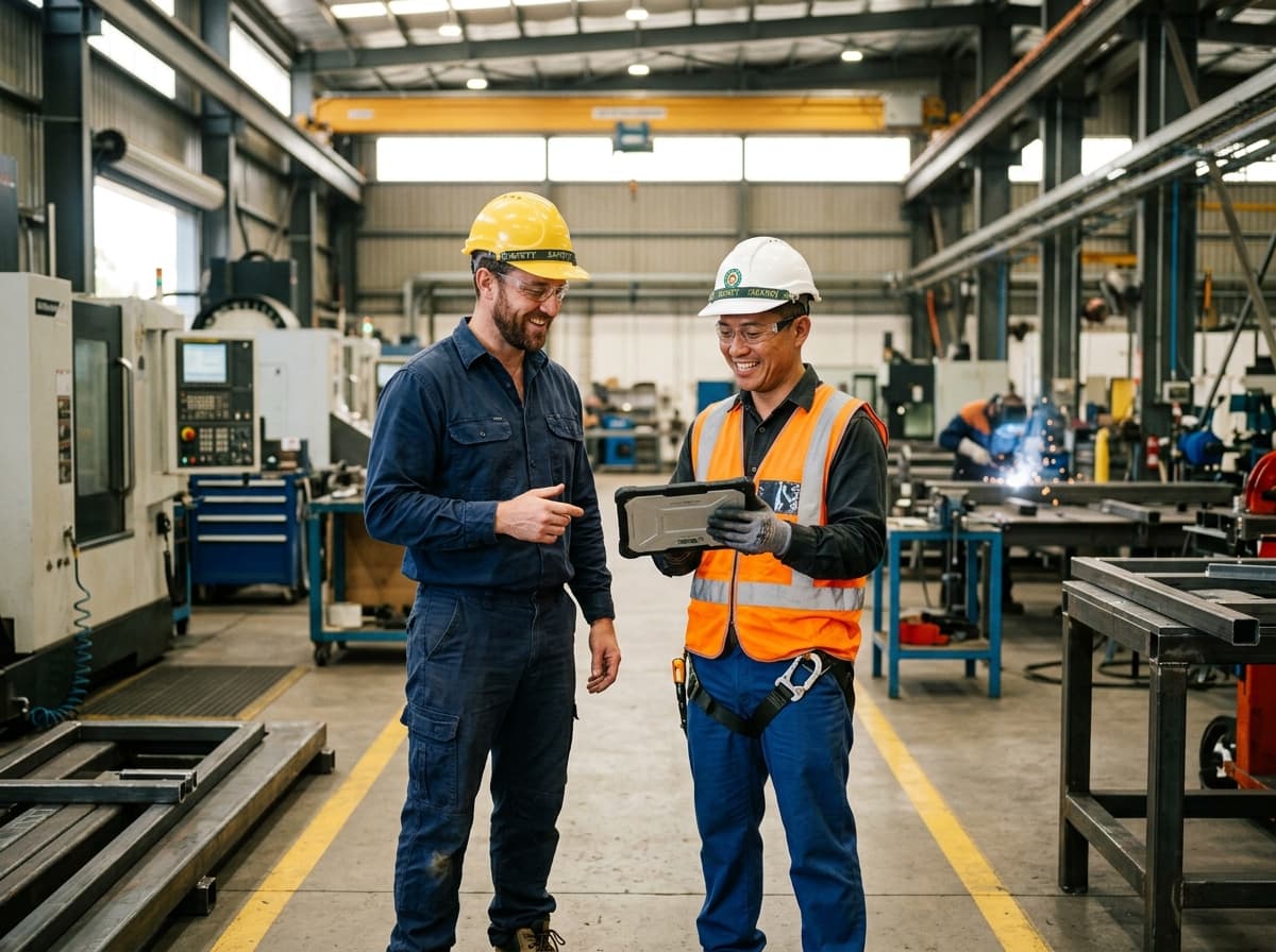 Safety professionals in hard hats and safety gear reviewing operations in an industrial facility