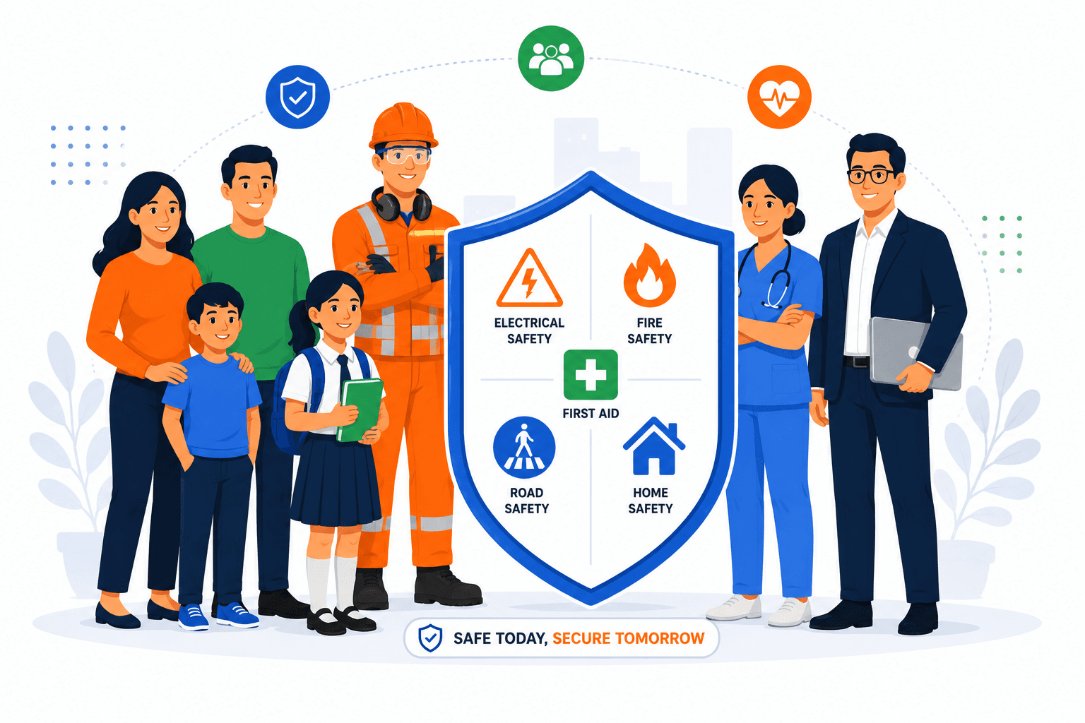 Illustration showing people learning safety practices at home, school, and the workplace.